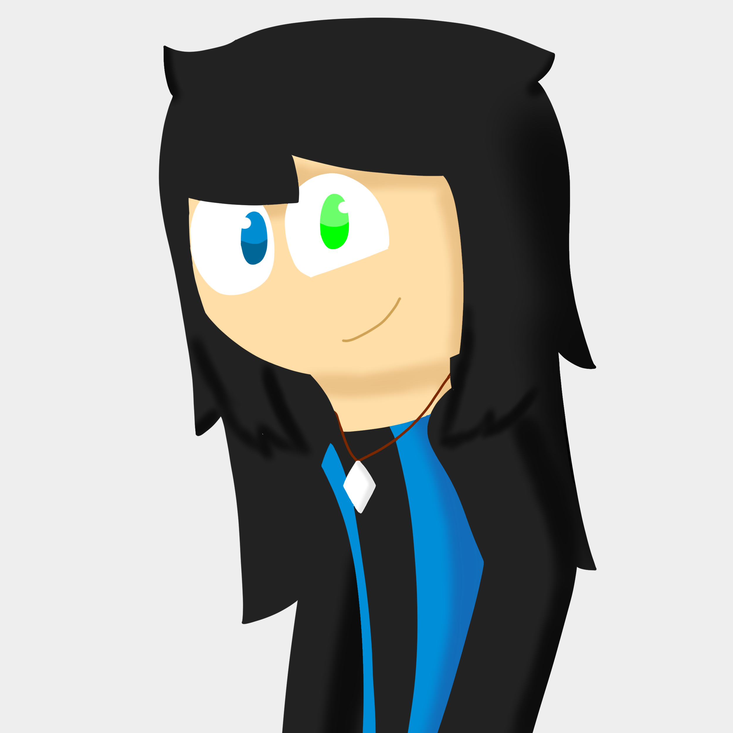 A young girl with black hair, a black long-sleeve shirt, and a blue dress. She wears a white necklace and has one blue eye and one green eye.