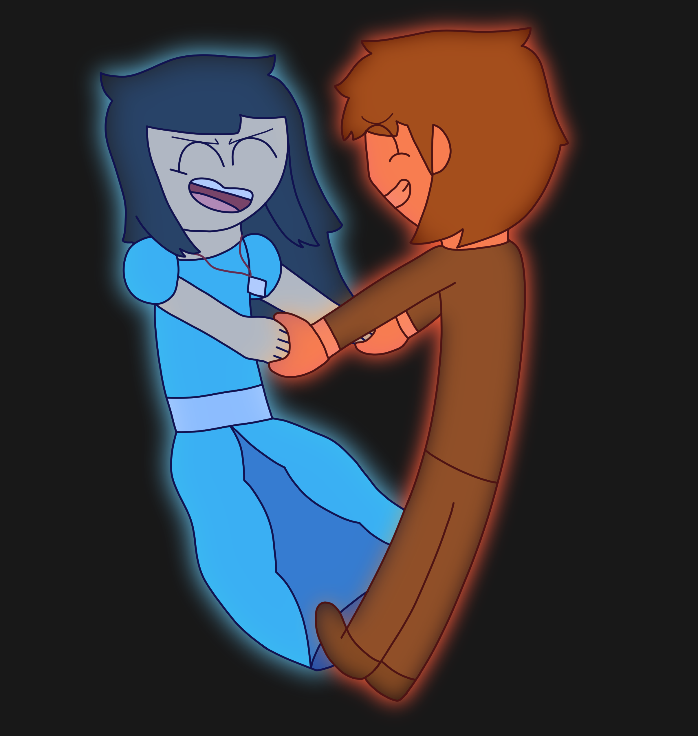 A girl with black hair in a blue dress and a boy with brown hair and a black suit hold hands and spin around. The girl is glowing blue while the boy is glowing orange.