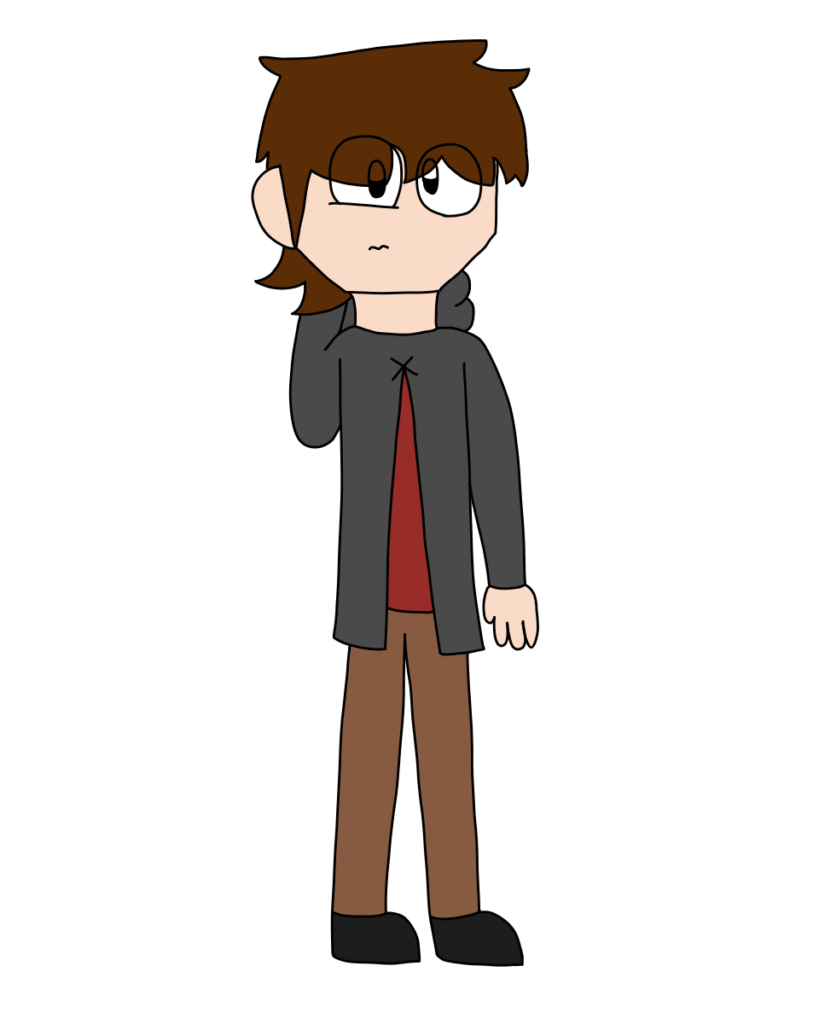 A boy with brown hair rubs the back of his neck. He wears a short gray cloak over a red shirt, brown pants, and black shoes. He has black eyes.