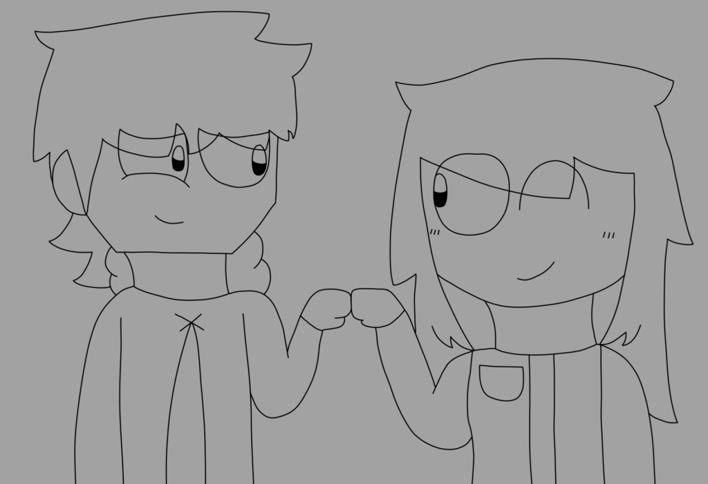 A boy in an old cloak and a girl in a vest fist bump each other.