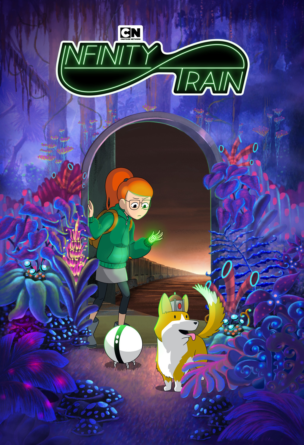 A girl with orange hair, a round robot, and a dog wearing a crown walk through a purple room filled with plants. The logo for Infinity Train is at the top.