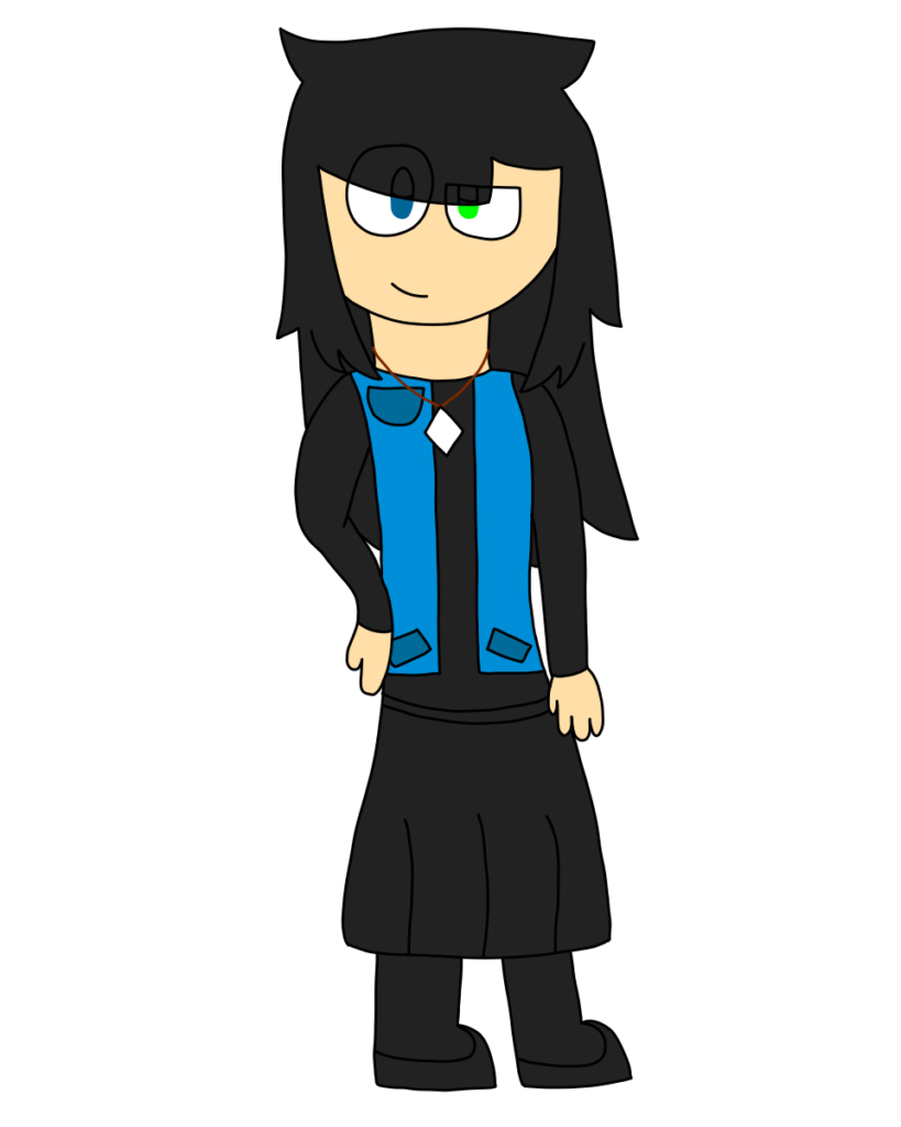 A girl with long black hair stands with her hand on her hip. She has one blue eye and one green eye, a black long sleeve shirt, skirt, stockings, and shoes, and wears a blue vest and white necklace.