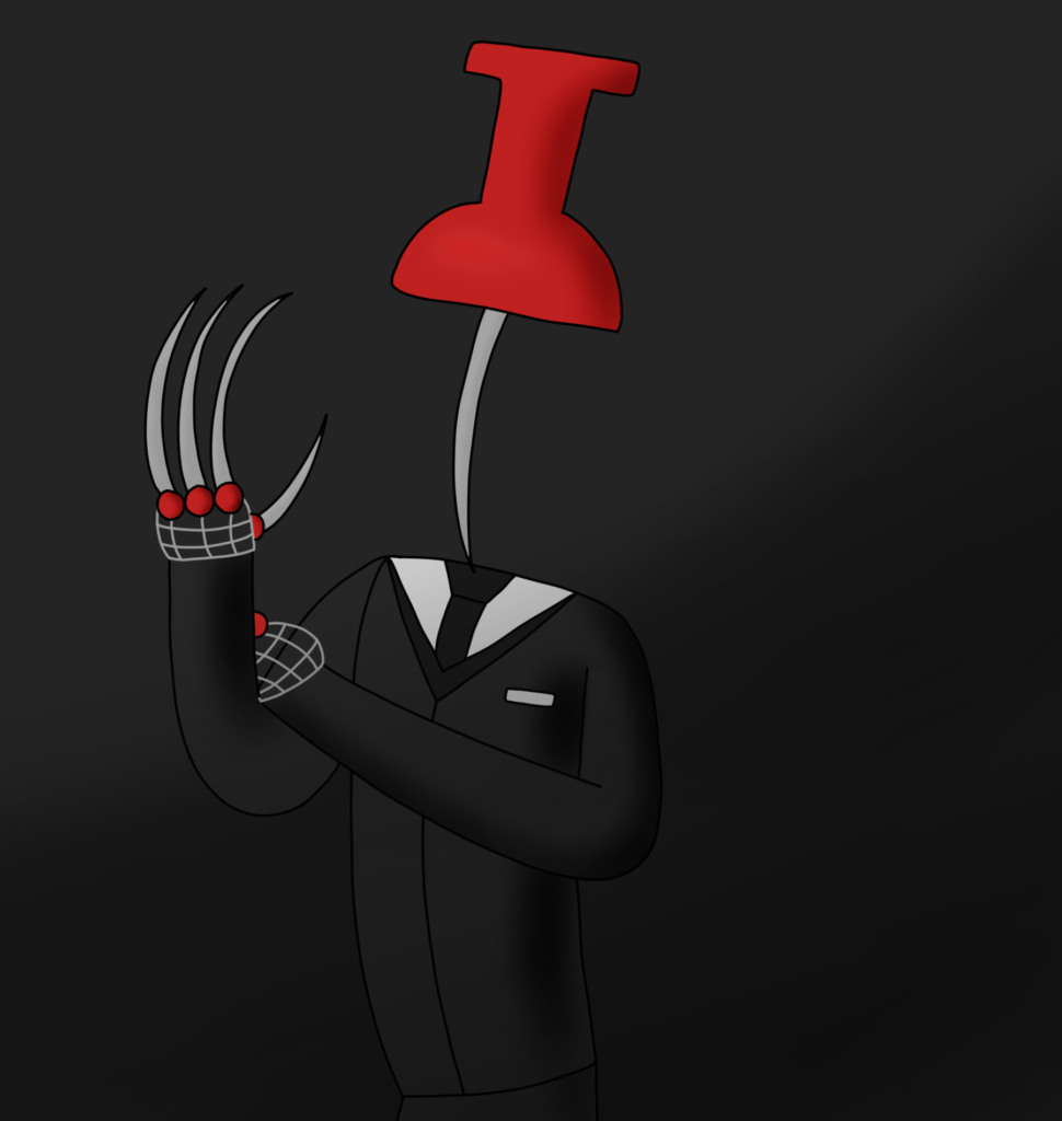 A humanoid entity with a red push pin for a head. He wears a black suit and has wire hands with long, sharp pins for fingers.