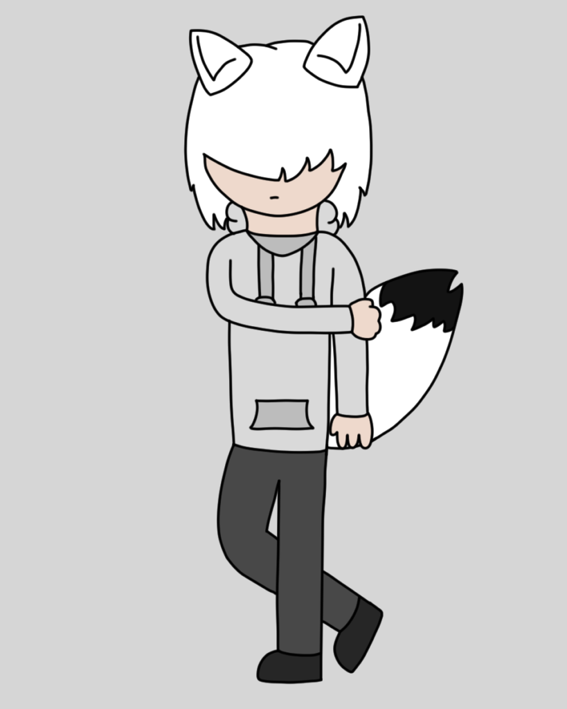 A person with white hair covering their eyes rubs their arm with their leg slightly bent. They wear a light gray hoodie, dark gray pants, black shoes, and has white fox ears and a white fox tail with a black tip.