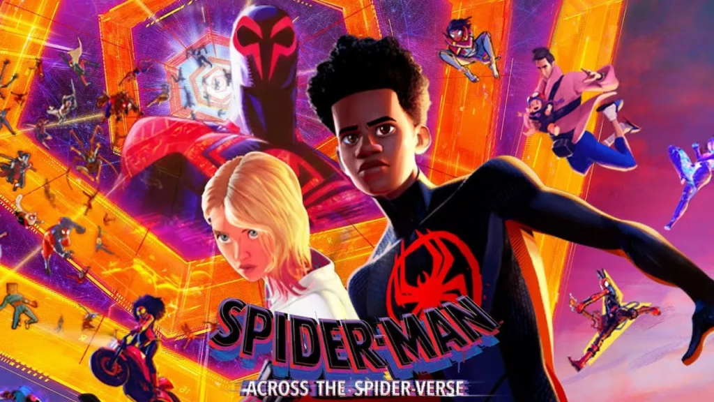 A poster for Spider Man Across the Spiderverse featuring Miles Morales, Gwen Stacey, and a variety of different versions of Spiderman