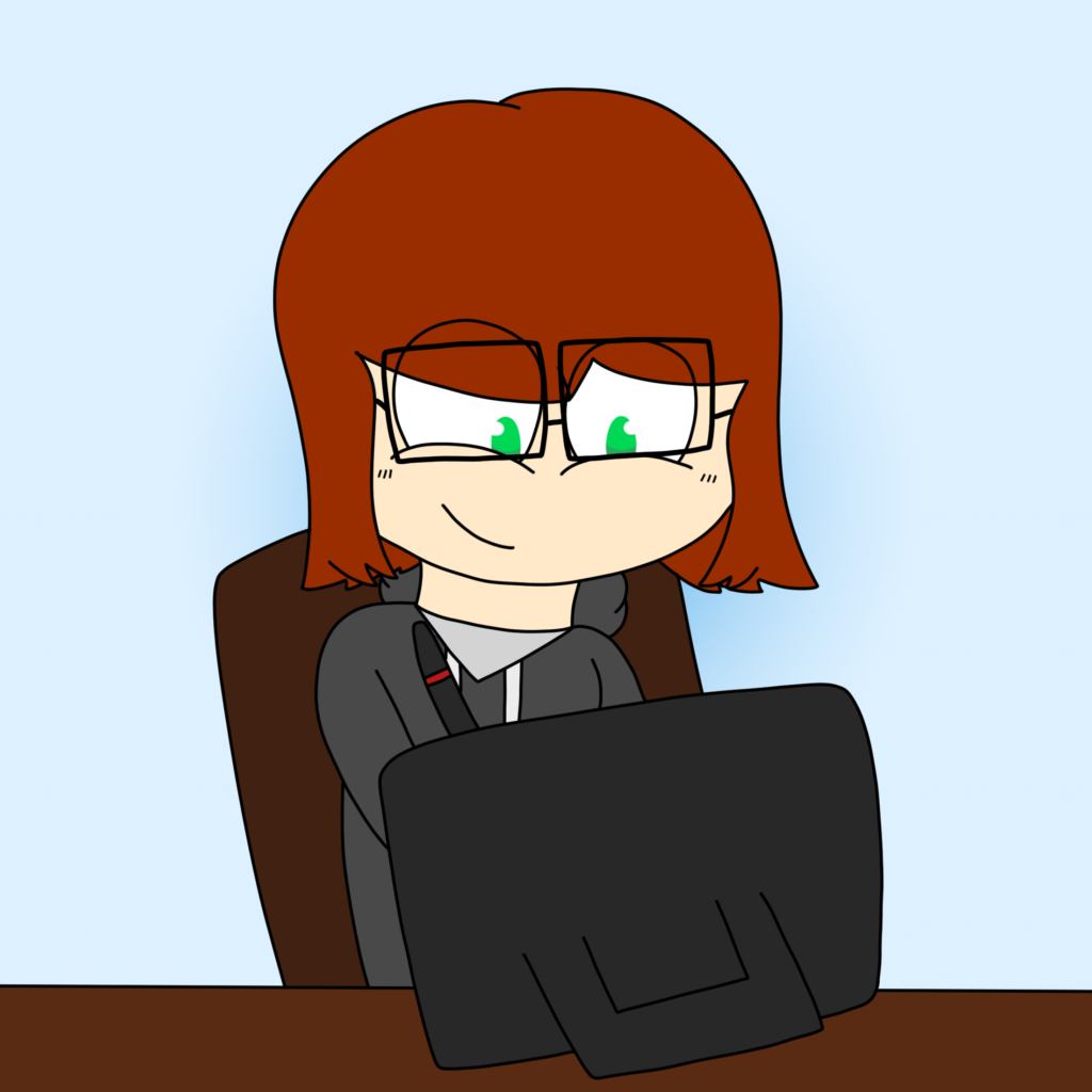 A girl with brown hair, green eyes, and glasses draws on a drawing tablet. She's wearing a gray hoodie and smiling